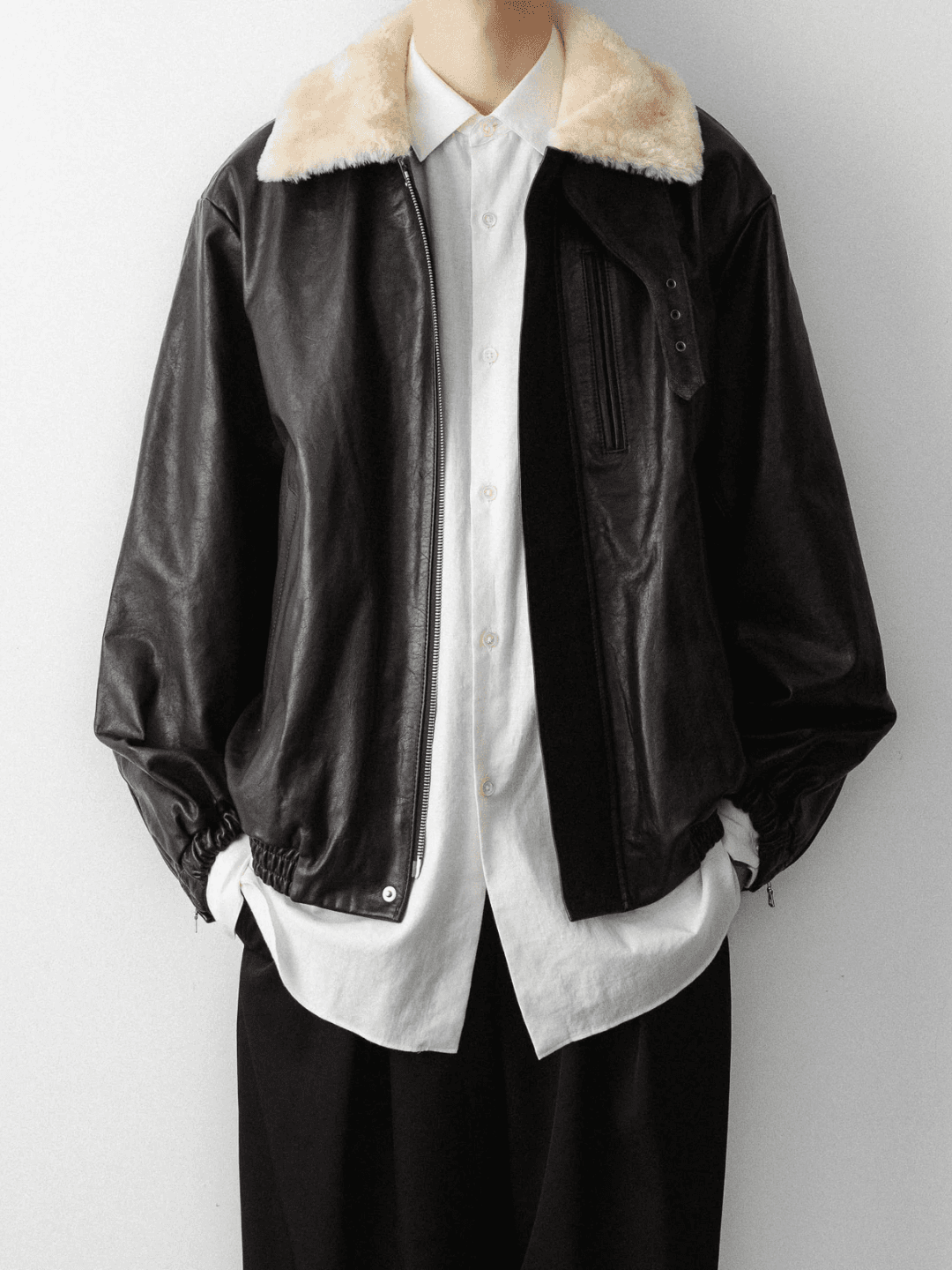 ssstein MOUTON COLLAR CALF ZIP JACKET BLACK、DARK BROWN(5/6)